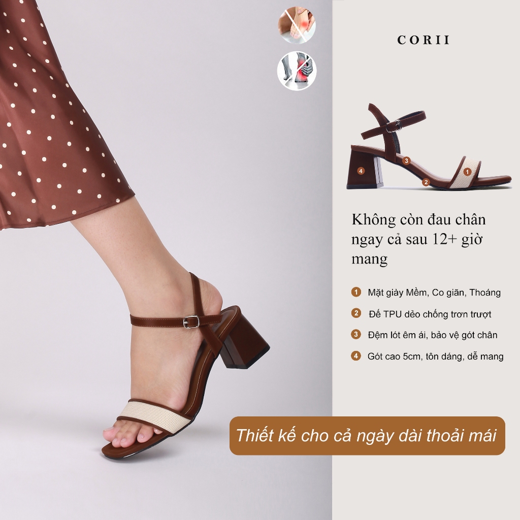 CORII - Giày Sandal Cao Gót Quai Ngang Bản Nhỏ Mũi Vuông Thời Trang và Thoải Mái Nhất - CR6IVR3 Nâu phối Đen
