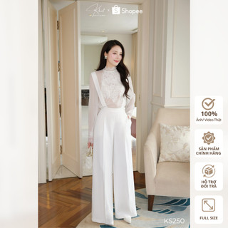 Set Khiết Style gồm áo tơ phối ren trắng và quần ống rộng dài xếp ly phong cách thanh lịch KS250