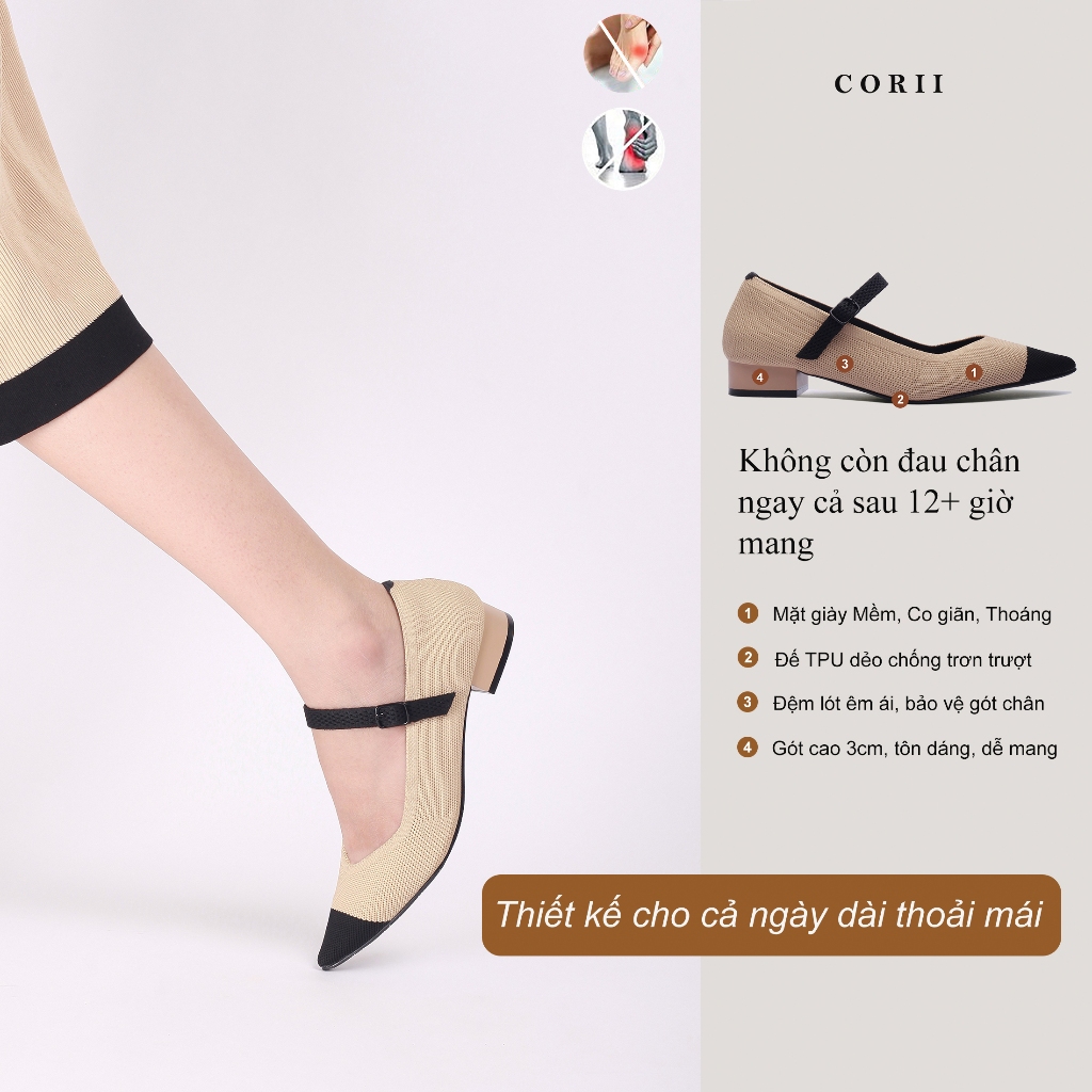 CORII - Giày Bít Cao Gót Mũi Nhọn The Nature Mary Jane Thời Trang và Thoải Mái Nhất - CR4SMJ1 Đen & Kem