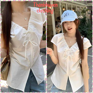 áo sơ mi cổ V thắt nơ bản nhỏ sẻ áo Thanhhuyenclothings . áo sơ mi phong cách đơn giản hàn quốc