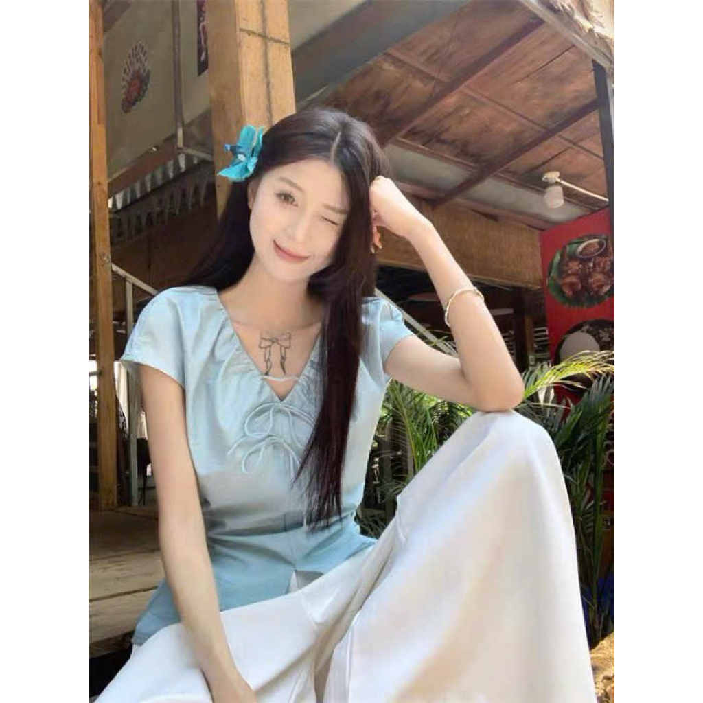 áo sơ mi cổ V thắt nơ bản nhỏ sẻ áo Thanhhuyenclothings . áo sơ mi phong cách đơn giản hàn quốc
