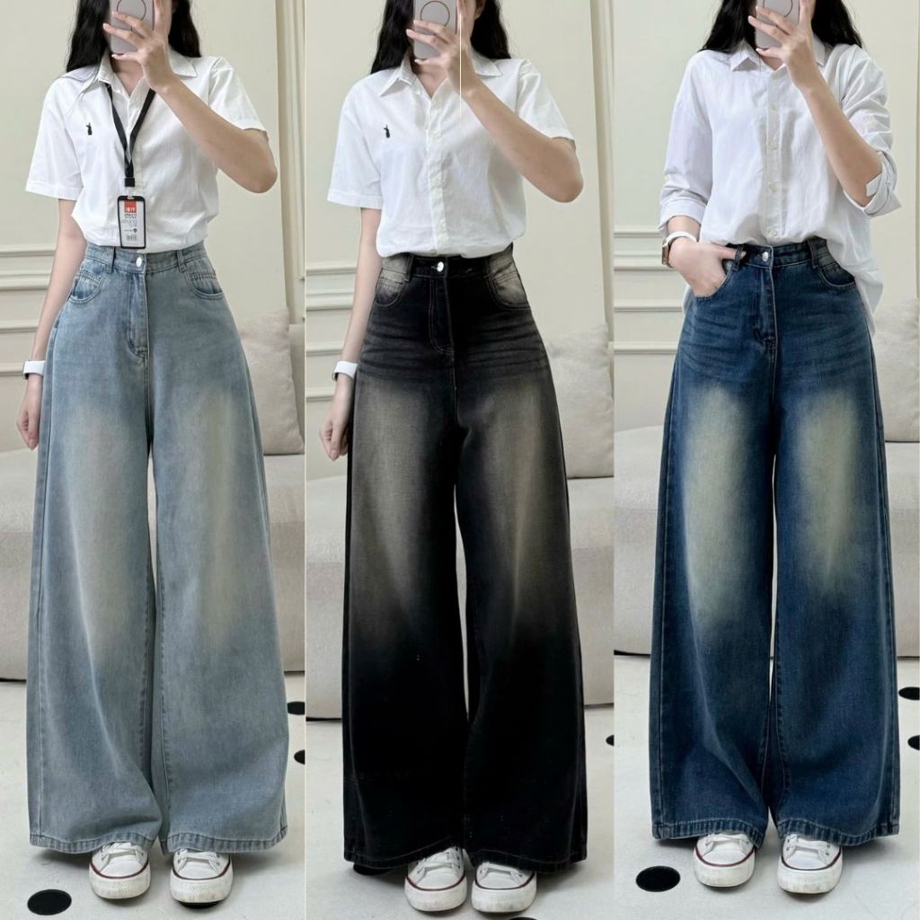Quần jean nữ ống rộng cạp cao phong cách RETRO quần bò suông Joolate ống đứng Vintage Hàn Quốc