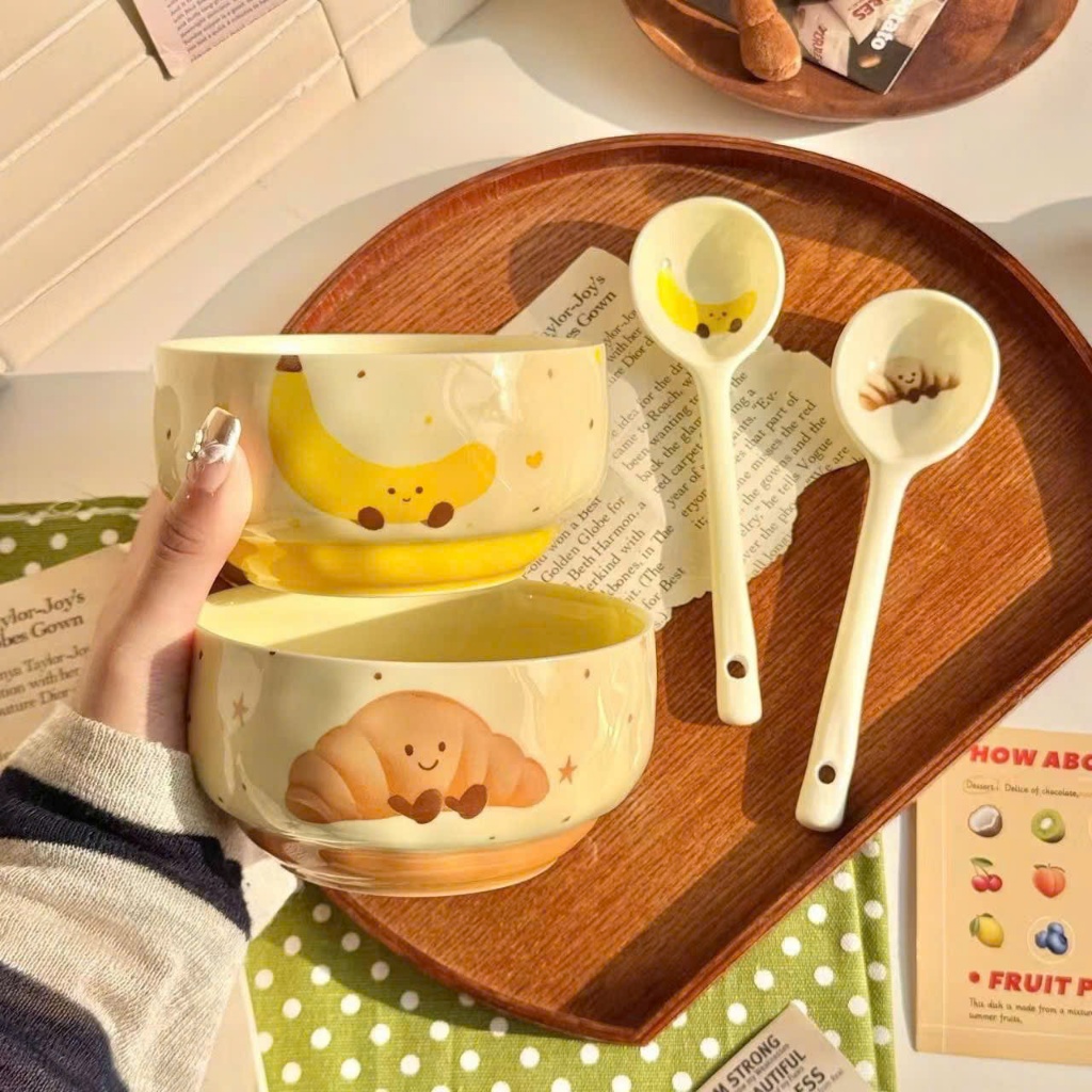 Set 4 bát mix kèm thìa hoạ tiết hoa quả bánh ngọt cưng xỉu