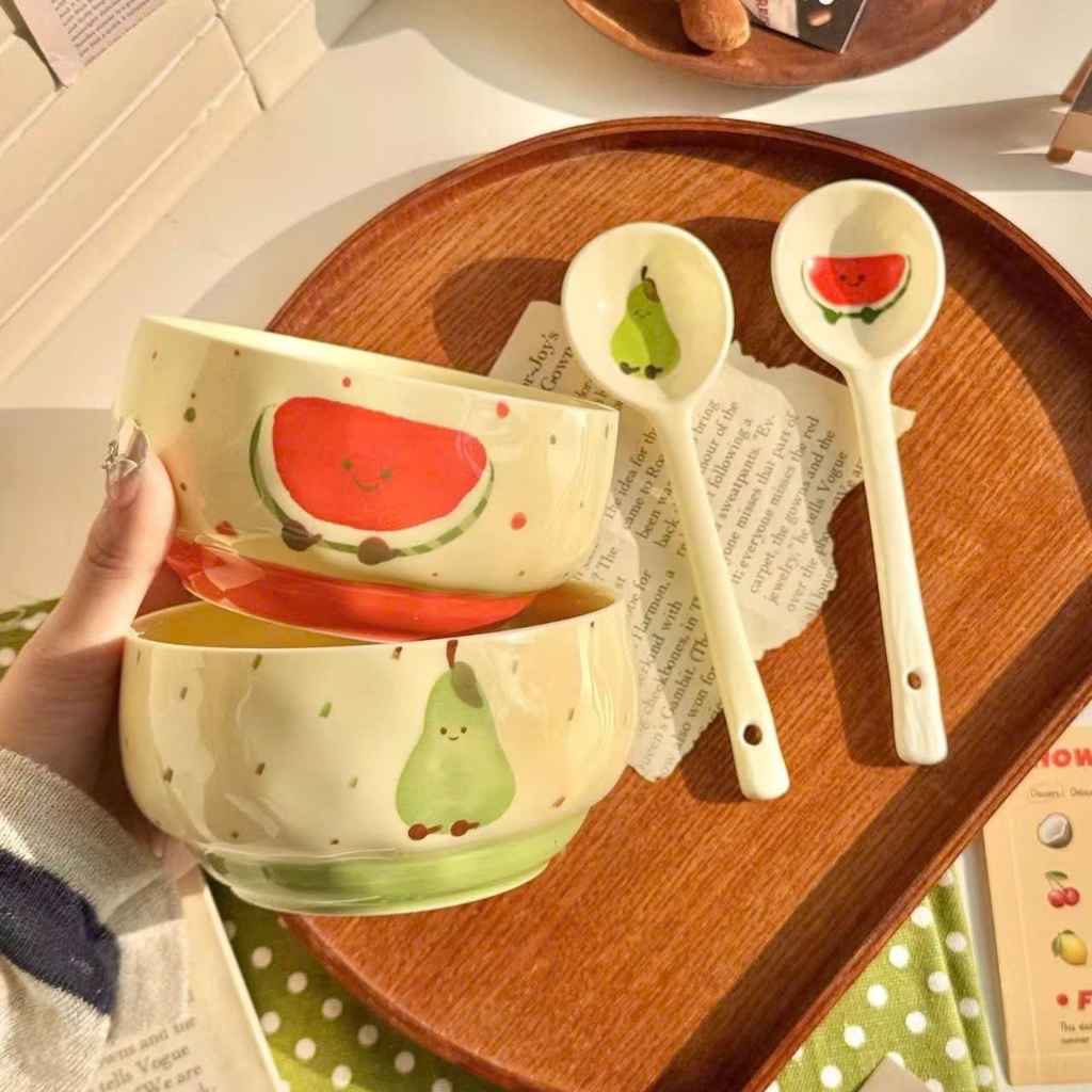 Set 4 bát mix kèm thìa hoạ tiết hoa quả bánh ngọt cưng xỉu