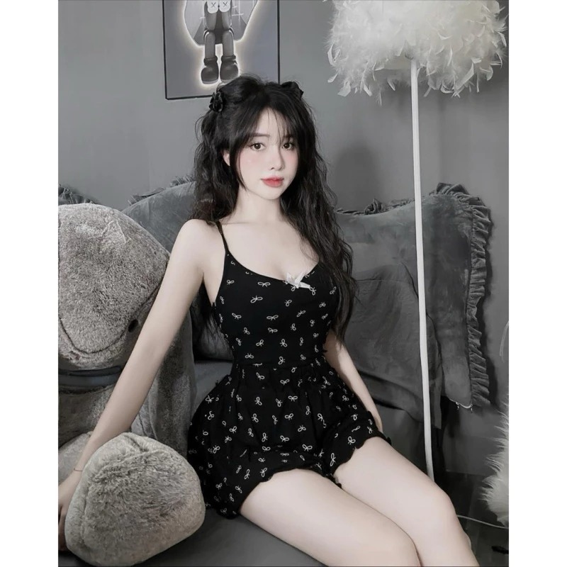 Sét áo 2 dây bún ôm body mix quần đùi nơ in kín siêu sexy from 38-55kg