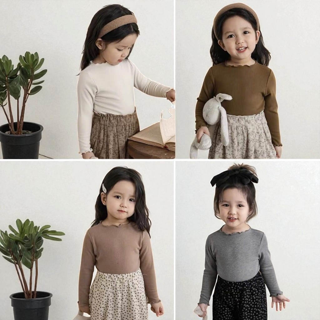 Áo thun dài tay, áo giữ nhiệt thu đông bé gái co giãn thoải mái kiểu bèo nhún chất liệu thun tăm cotton mềm mịn