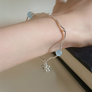 Vòng Tay Nữ Bạc Đá Mặt Trăng Charm Hoa, Lắc Tay Thiết Kế Uốn Lượn Thanh Mảnh Phá Cách PJN Dành Cho Nàng