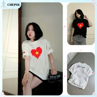 Áo Thun In Hình Trái Tim Cờ Đỏ Sao Vàng CHEPOL Unisex, Cổ Tròn,Tay Ngắn, Chất Cotton Co Dãn 2 Chiều CP_12569