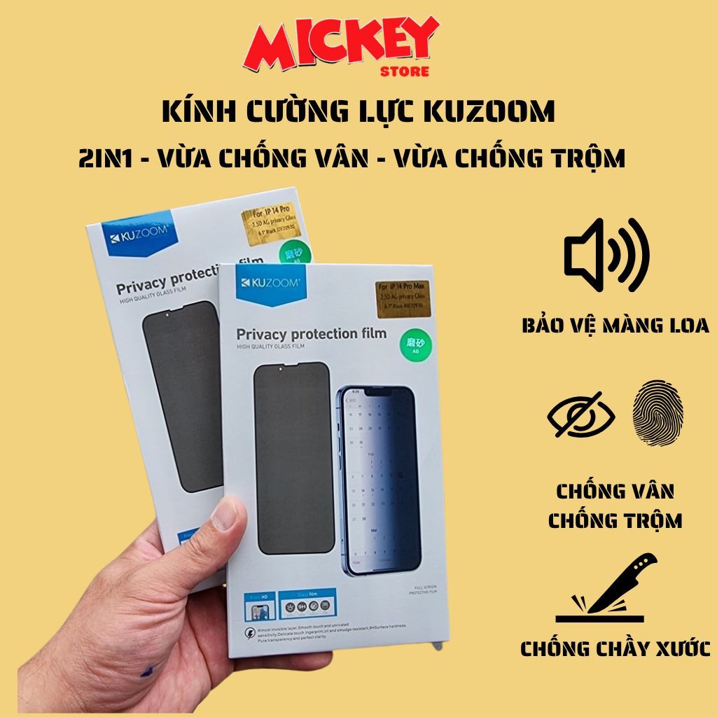 Kính cường lực Kuzoom 2 trong 1 vừa chống vân/chống trộm cho IPhone 17Promax 12 13 14 15 16plus pro