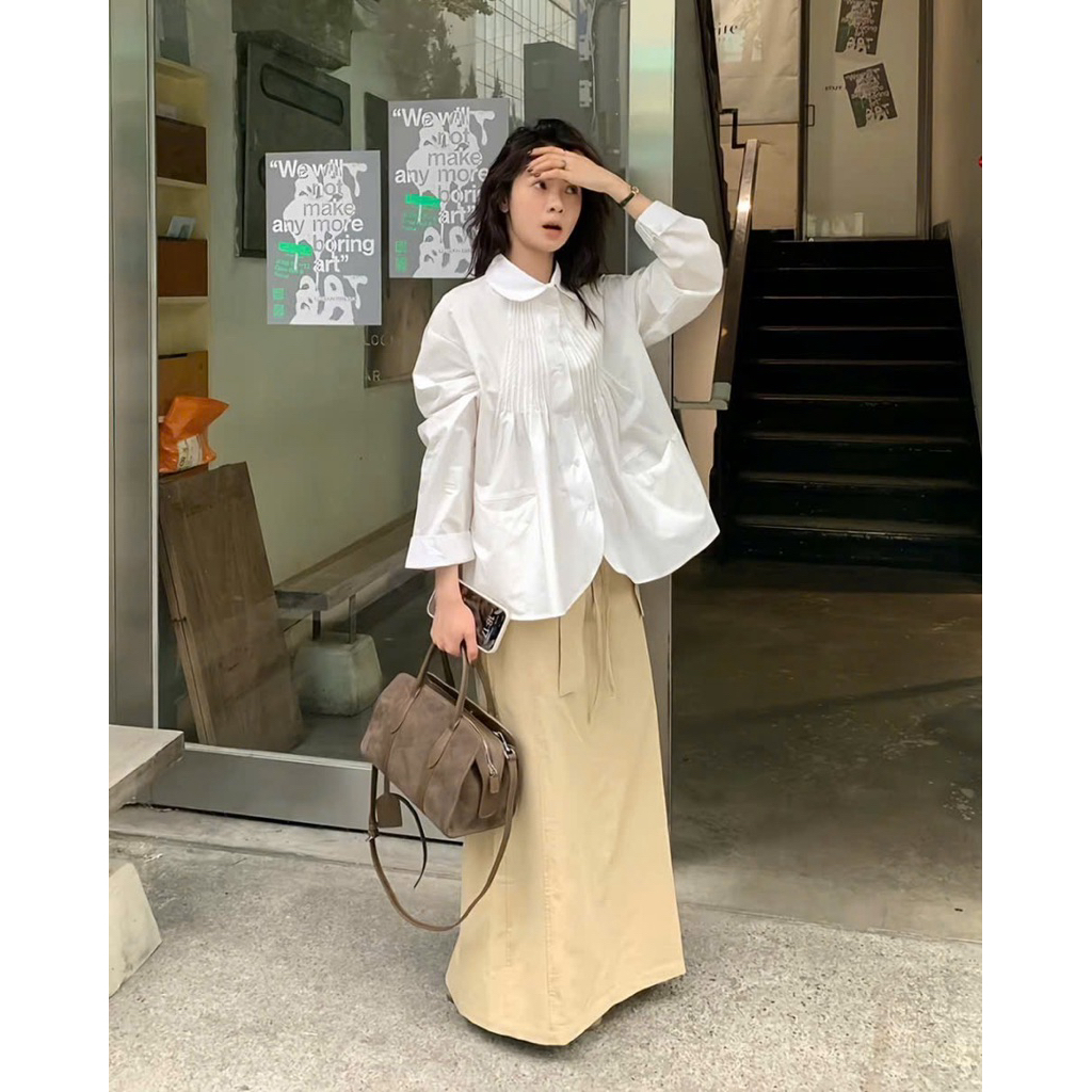 Áo sơ mi cổ bẻ phối xếp li chéo túi 2 bên Onni st