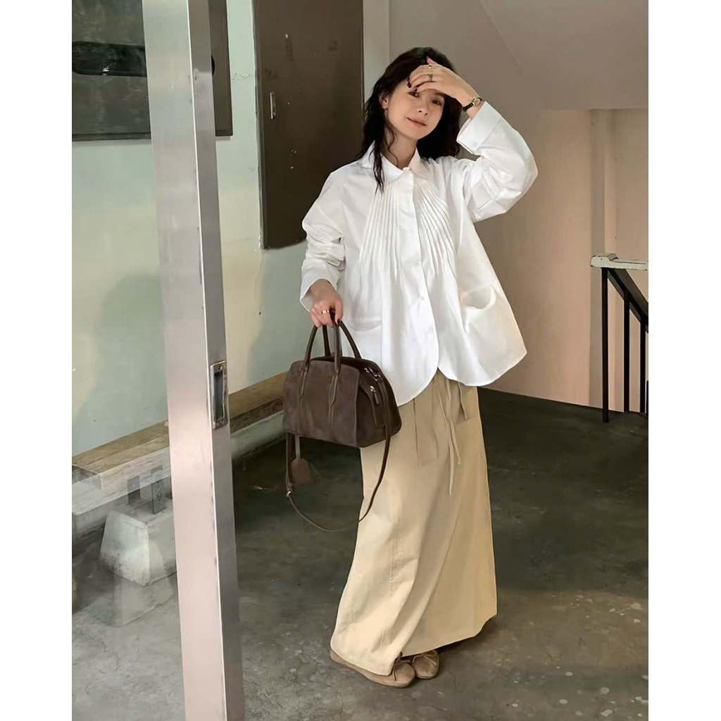 Áo sơ mi cổ bẻ phối xếp li chéo túi 2 bên Onni st