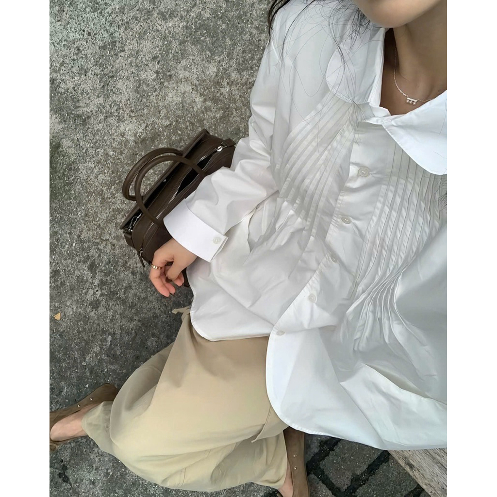Áo sơ mi cổ bẻ phối xếp li chéo túi 2 bên Onni st