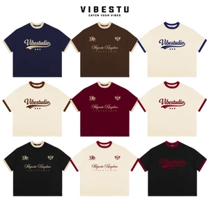 Áo Thun Phối Tay Local Brand VIBESTU " Kingdom & Vibestudio ", Áo Thun Boxy Form Rộng Unisex 250Gsm 100% Cotton