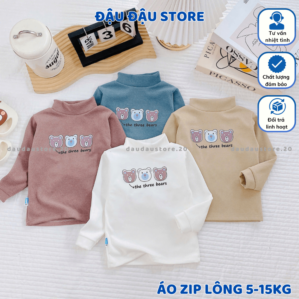 (Loại Đẹp) Áo giữ nhiệt thu đông chất vải nỉ zip lông cổ lọ cho bé trai bé gái gữ ấm 5-15kg ZL01 Đậu Đậu Store