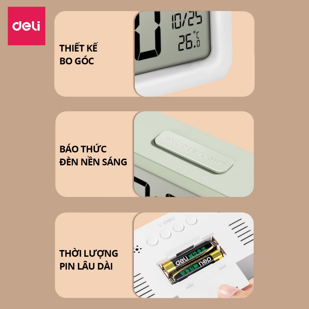 [KÈM PIN THAY THẾ] Đồng Hồ LED DECOR Để Bàn Báo Thức DELI màn hình LCD cao cấp đo nhiệt độ, báo thức, ngày giờ
