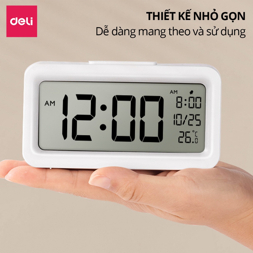 [KÈM PIN THAY THẾ] Đồng Hồ LED DECOR Để Bàn Báo Thức DELI màn hình LCD cao cấp đo nhiệt độ, báo thức, ngày giờ
