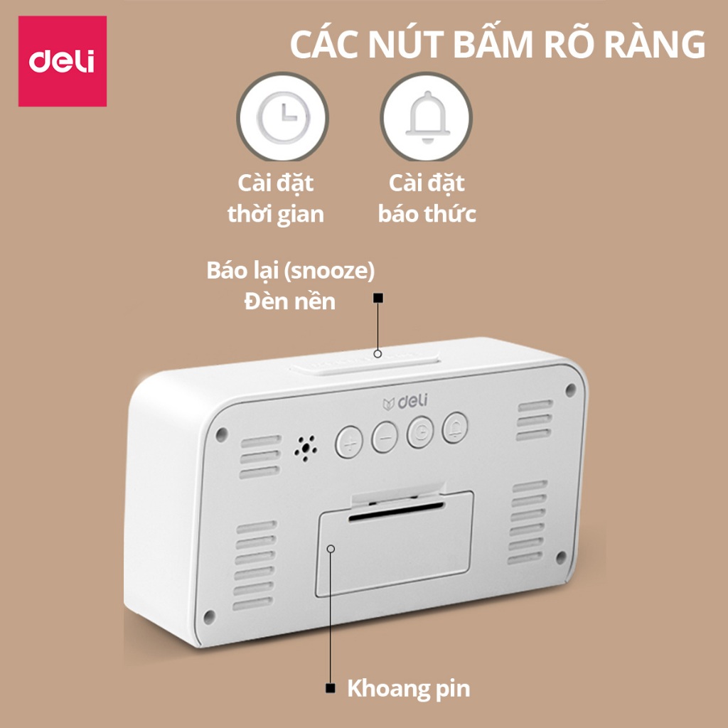 [KÈM PIN THAY THẾ] Đồng Hồ LED DECOR Để Bàn Báo Thức DELI màn hình LCD cao cấp đo nhiệt độ, báo thức, ngày giờ