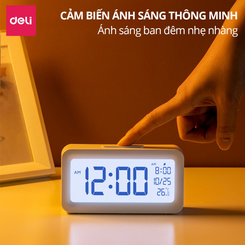 [KÈM PIN THAY THẾ] Đồng Hồ LED DECOR Để Bàn Báo Thức DELI màn hình LCD cao cấp đo nhiệt độ, báo thức, ngày giờ