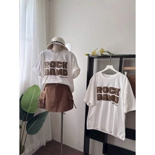 Set váy ngắn thời trang nữ chất Thun áo tay ngắn cổ tròn in chữ siêu hot phối chân váy Kaki dáng chữ A có lót