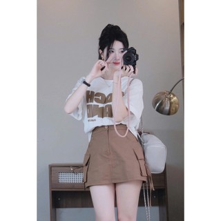Set váy ngắn thời trang nữ chất Thun áo tay ngắn cổ tròn in chữ siêu hot phối chân váy Kaki dáng chữ A có lót