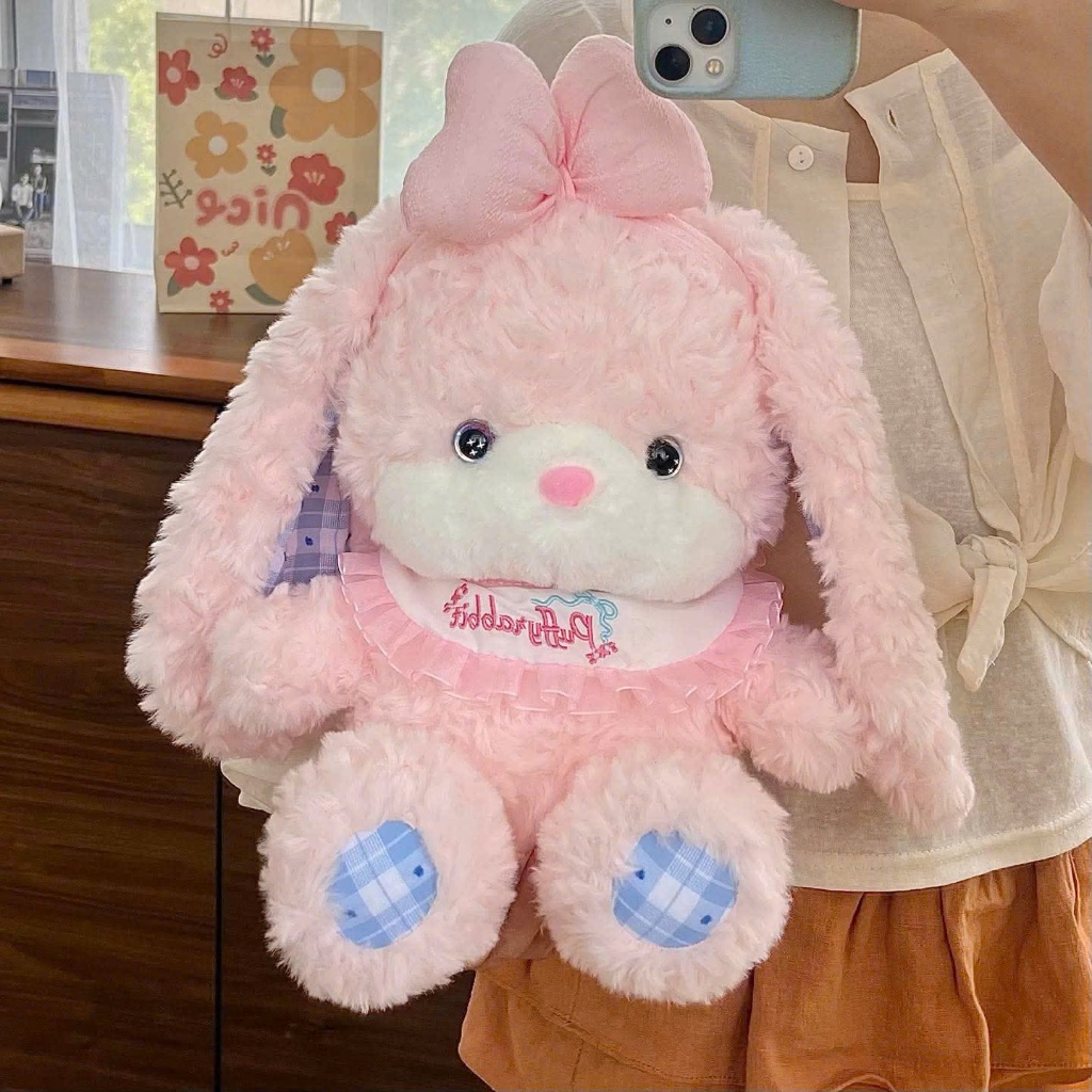 Bộ Đôi Gấu Bông Thỏ Hồng Và Gấu Teddy Nâu Lông Xù Mắt Sao Dễ Thương Làm Quà Tặng Sinh Nhật Cho Bạn Gái, Cho Bé