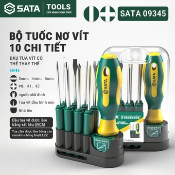 Bộ tua vít SATA 10 món 09345 - Đầu tua vít có thể thay thế - Tua vít Phillips và tua vít có rãnh