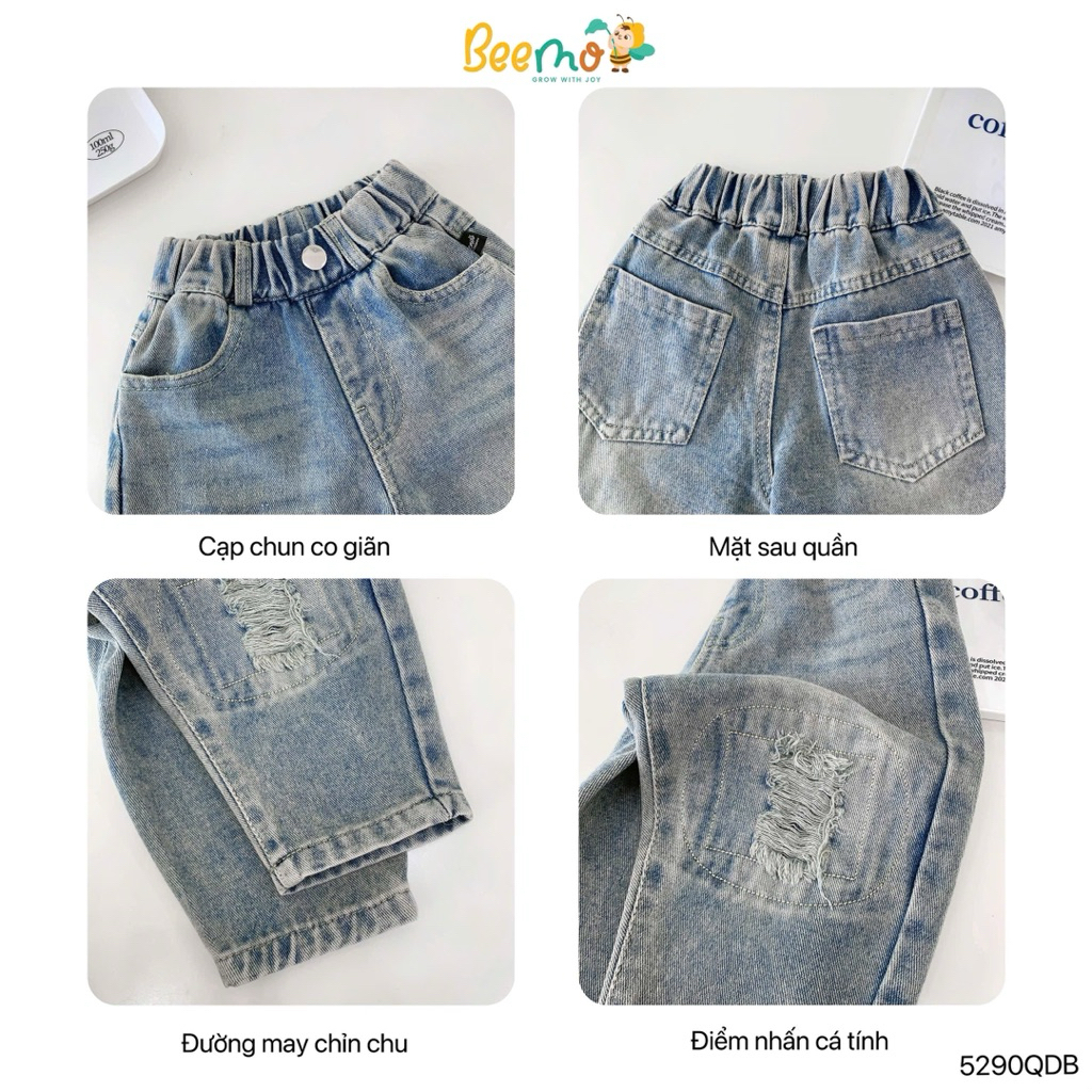 Quần jean dài rách gối Beemo thiết kế cạp chun thoải mái vận động cho bé trai 9-24kg