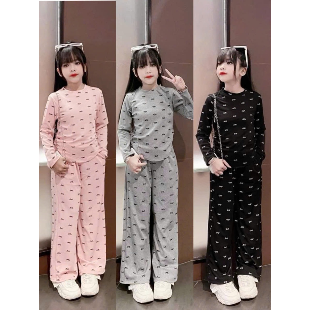 2-14 TUỔI Bộ thu đông dài tay cho bé gái chất vải TĂM LẠNH mềm mịn co giãn thoải mái in hình NƠ M08