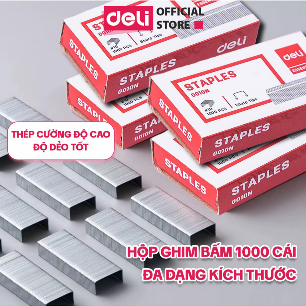 Ghim Dập Tài Liệu Số 10/12 Deli - Đạn Ghim 24/6 - Hộp Ghim Bấm 1000 Cái Dùng Cho Học Sinh Văn Phòng