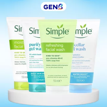 Sửa Rửa Mặt Simple CHÍNH HÃNG cho Da Nhạy Cảm Dầu Mụn Srm Sữa Rửa Mặt Simple Da Khô GENB