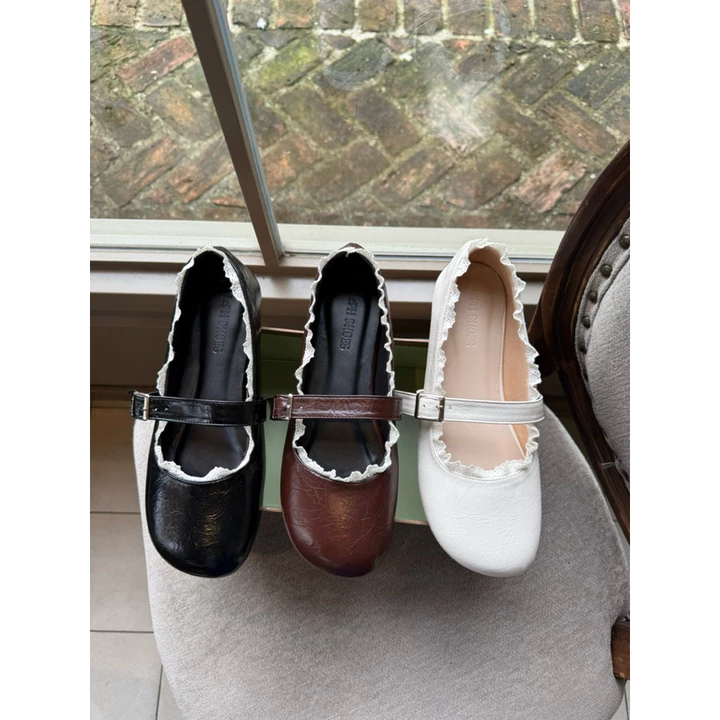 Giày búp bê nữ bigsize. Giày búp bê nữ mũi tròn mới kết hợp viền ren da mỡ mềm đủ size từ 40-44