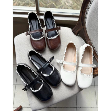 Giày búp bê nữ bigsize. Giày búp bê nữ mũi tròn mới kết hợp viền ren da mỡ mềm đủ size từ 40-44