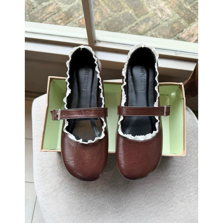 Giày búp bê nữ bigsize. Giày búp bê nữ mũi tròn mới kết hợp viền ren da mỡ mềm đủ size từ 40-44