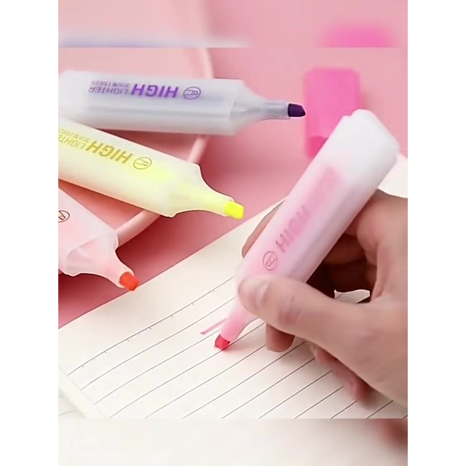 Bút highlight 6 màu dạng dẹp Mực bền màu lâu trôi, đầu bút rộng đánh dấu nhanh chóng