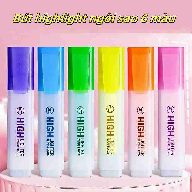 Bút highlight 6 màu dạng dẹp Mực bền màu lâu trôi, đầu bút rộng đánh dấu nhanh chóng