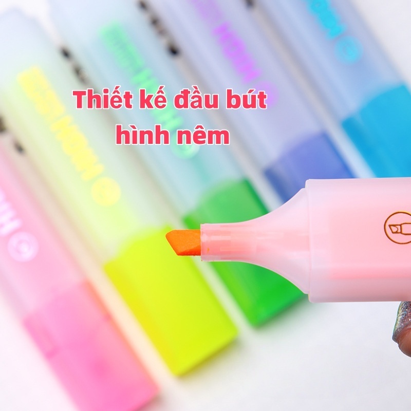 Bút highlight 6 màu dạng dẹp Mực bền màu lâu trôi, đầu bút rộng đánh dấu nhanh chóng