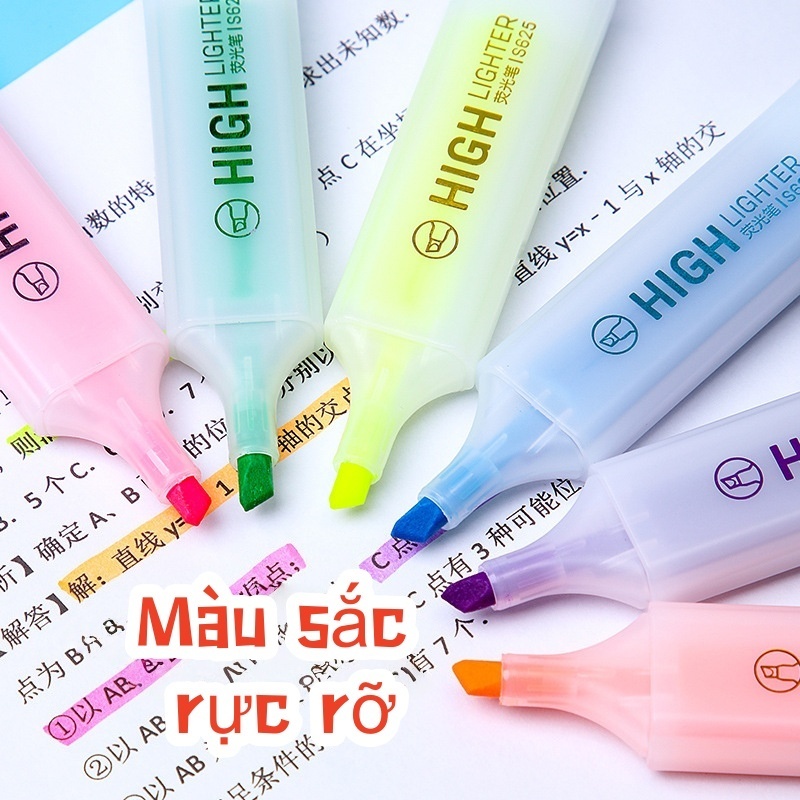 Bút highlight 6 màu dạng dẹp Mực bền màu lâu trôi, đầu bút rộng đánh dấu nhanh chóng