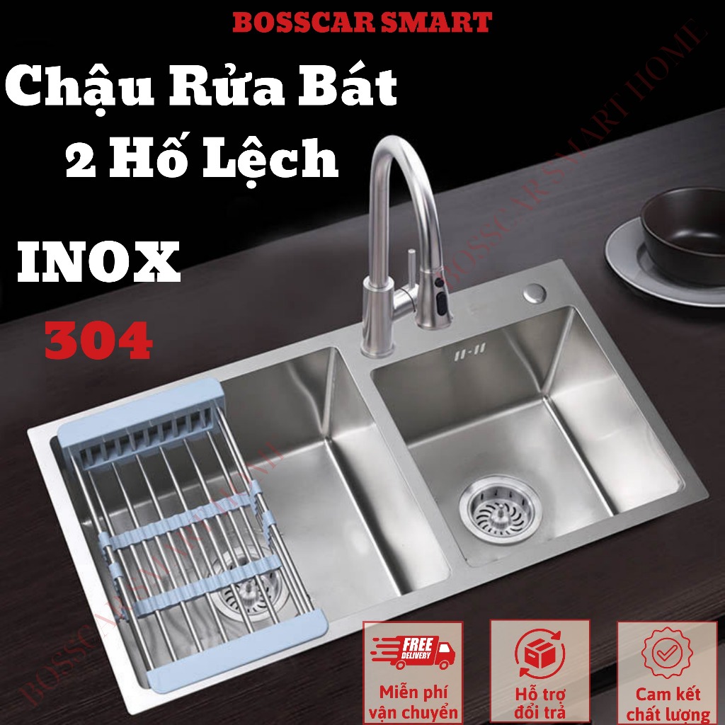 Chậu Rửa Bát 2 Hố Lệch INOX 304, Bồn Rửa Chén INOX 304 Tùy Chọn Vòi Rút ...