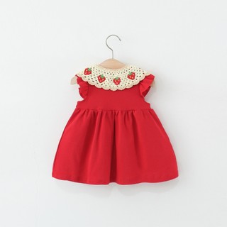 Váy thun cotton màu đỏ cổ len móc quả dâu cho bé gái tặng kèm túi cói D1169 Bí Ngô Nhỏ