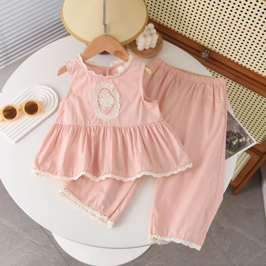 Set Đồ Bé Gái, Set Đồ Bộ Bé Gái Sang Chảnh Họa Tiết Phối Ren Chất Cotton Đũi Mềm Mại Thoáng Khí