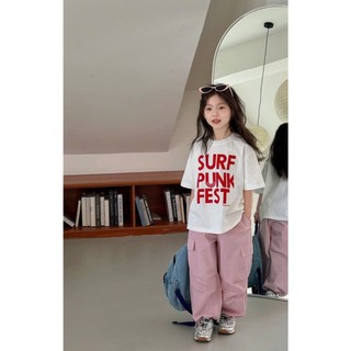 [B&G] Sét bộ áo thun trắng in chữ đỏ kèm quần túi hộp hồng năng động cho bé gái từ 10-45kg