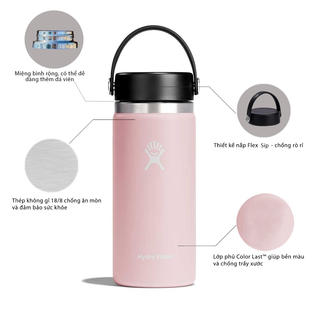 Bình giữ nhiệt Hydro Flask 473ml Wide Flex Cap 16 oz chính hãng, giữ nhiệt tốt, an toàn cho sức khỏe