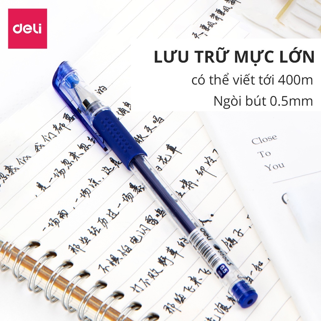 Bút Gel Deli Nắp Đậy 0.5mm – Màu Xanh/Đỏ/Đen, Mực Trơn Mượt, Khô Nhanh, Văn Phòng