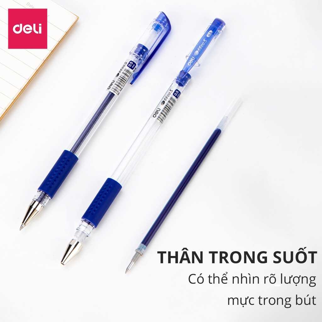 Bút Gel Deli Nắp Đậy 0.5mm – Màu Xanh/Đỏ/Đen, Mực Trơn Mượt, Khô Nhanh, Văn Phòng