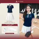 Bộ đồ Pickleball, cầu lông, tennis nữ Fitme CE áo thun Polo Navy sọc đỏ, chân váy xếp ly trắng kèm quần bảo hộ — ảnh 2