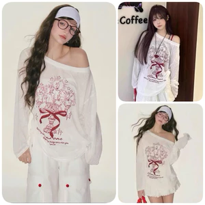 Áo Lệch Vai Nữ Dài Tay Thun Xước In Graffiti , Áo Thun Giấy Mỏng Lệch Vai Dài Tay Nữ Dáng Rộng Thời Trang Siêu Xinh