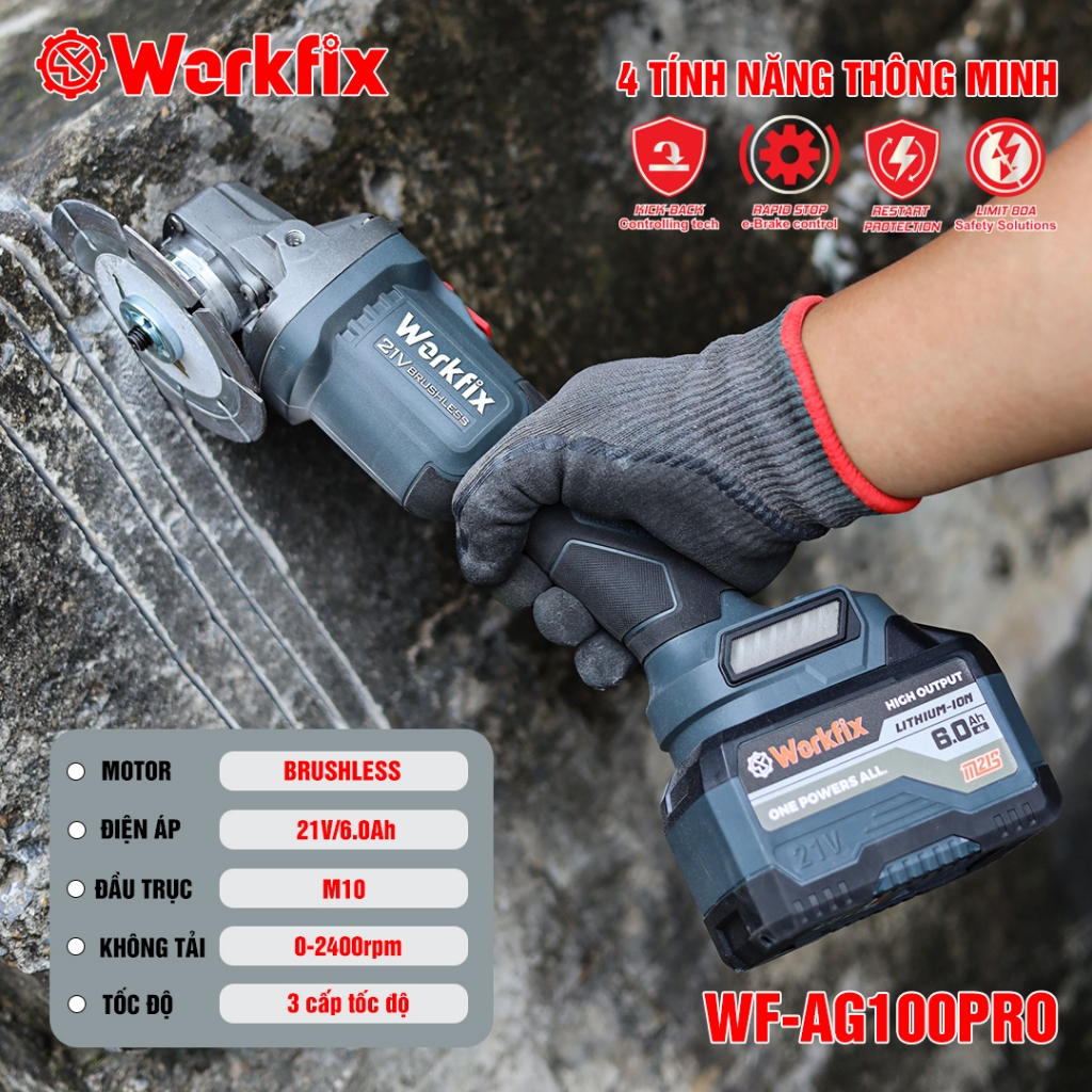 [KEM ĐĨA CẮT SẮT] Máy Mài, Cắt  WF-AG100PRO Workfix Anti-kickback 4 Tính Năng, Chuyên Cắt, Cưa, Mài