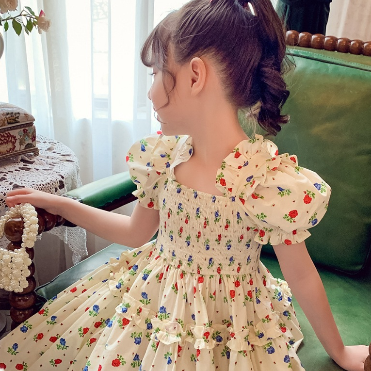 Váy Cho Bé Gái, Váy Tay Phồng Tiểu Thư Họa Tiết Hoa Nhí Siêu Dễ Thương Chất Liệu Thoáng Mát