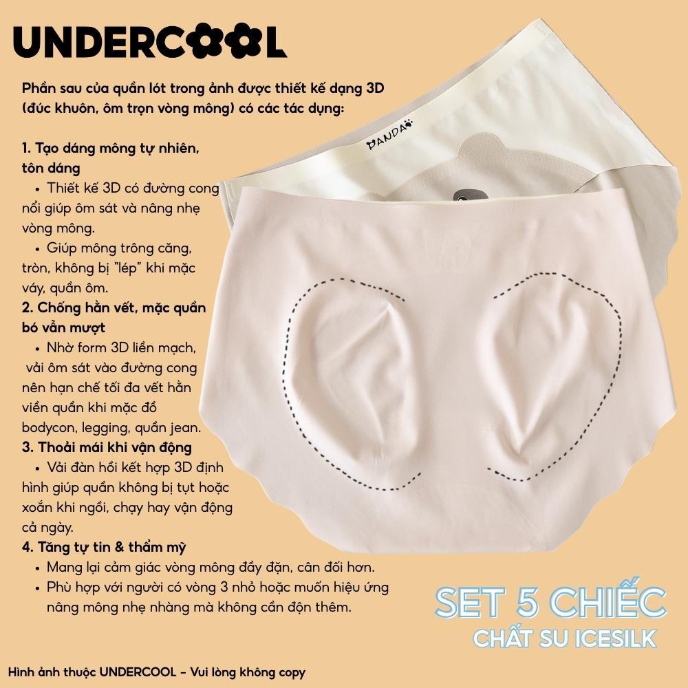 Set 5 Quần Lót Nữ Su Đúc Seamless UNDERCOOL Họa Tiết Gấu Panda Mềm Mịn Thoáng Mát Nhẹ, Không Viền, Co Giãn Tốt CB-QL69