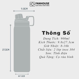 Bình giữ nhiệt Tyeso PICKLEBALL  bình nước giữ nhiệt thể thao Fan House 900ml, inox 304 cao cấp